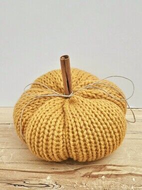 Handmade Knit Pumpkin Decor with Cinnamon Stem - Mustard Yellow